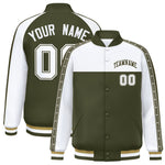 Custom White Olive K-Ribbon Raglan Sleeves Varsity Full-Snap Color Block Letterman Jacket | BuyFootballJersey