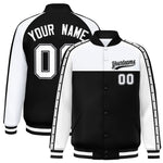 Custom White Black K-Ribbon Raglan Sleeves Varsity Full-Snap Color Block Letterman Jacket | BuyFootballJersey