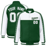 Custom White Green K-Ribbon Raglan Sleeves Varsity Full-Snap Color Block Letterman Jacket | BuyFootballJersey