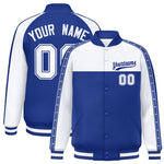 Custom White Royal K-Ribbon Raglan Sleeves Varsity Full-Snap Color Block Letterman Jacket | BuyFootballJersey