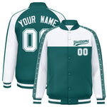 Custom White Aqua K-Ribbon Raglan Sleeves Varsity Full-Snap Color Block Letterman Jacket | BuyFootballJersey