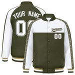 Custom White Olive K-Ribbon Raglan Sleeves Varsity Full-Snap Color Block Letterman Jacket | BuyFootballJersey
