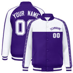 Custom White Purple K-Ribbon Raglan Sleeves Varsity Full-Snap Color Block Letterman Jacket | BuyFootballJersey