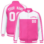 Custom White Pink K-Ribbon Raglan Sleeves Varsity Full-Snap Color Block Letterman Jacket | BuyFootballJersey