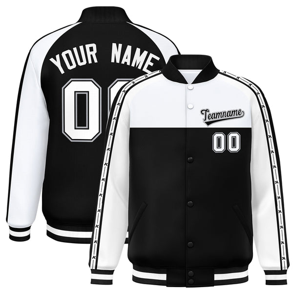 Custom White Black K-Ribbon Raglan Sleeves Varsity Full-Snap Color Block Letterman Jacket | BuyFootballJersey