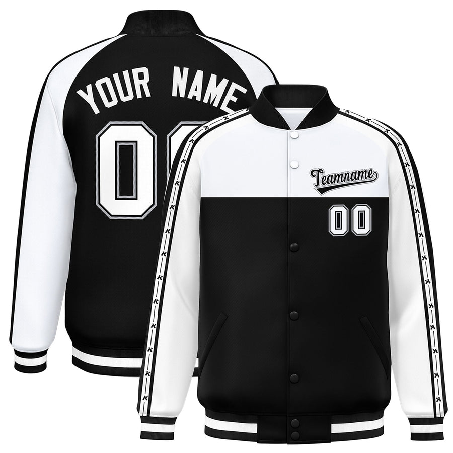 Custom White Black K-Ribbon Raglan Sleeves Varsity Full-Snap Color Block Letterman Jacket | BuyFootballJersey