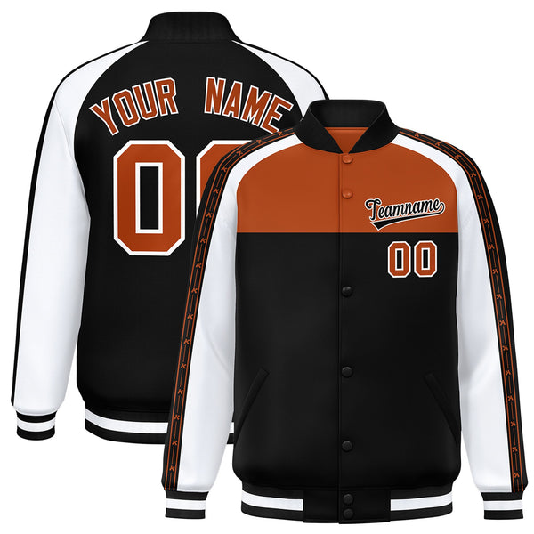 Custom Texas Orange Black K-Ribbon Raglan Sleeves Varsity Full-Snap Color Block Letterman Jacket | BuyFootballJersey