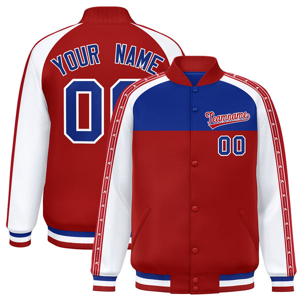Custom Royal Red K-Ribbon Raglan Sleeves Varsity Full-Snap Color Block Letterman Jacket | BuyFootballJersey