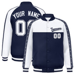 Custom White Navy K-Ribbon Raglan Sleeves Varsity Full-Snap Color Block Letterman Jacket | BuyFootballJersey
