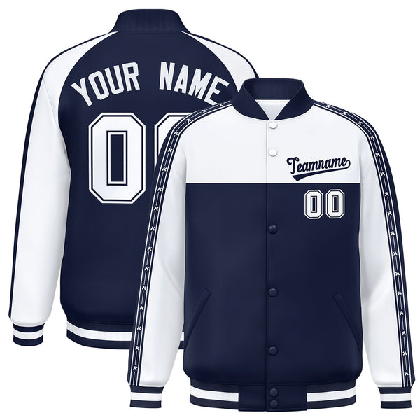 Custom White Navy K-Ribbon Raglan Sleeves Varsity Full-Snap Color Block Letterman Jacket | BuyFootballJersey