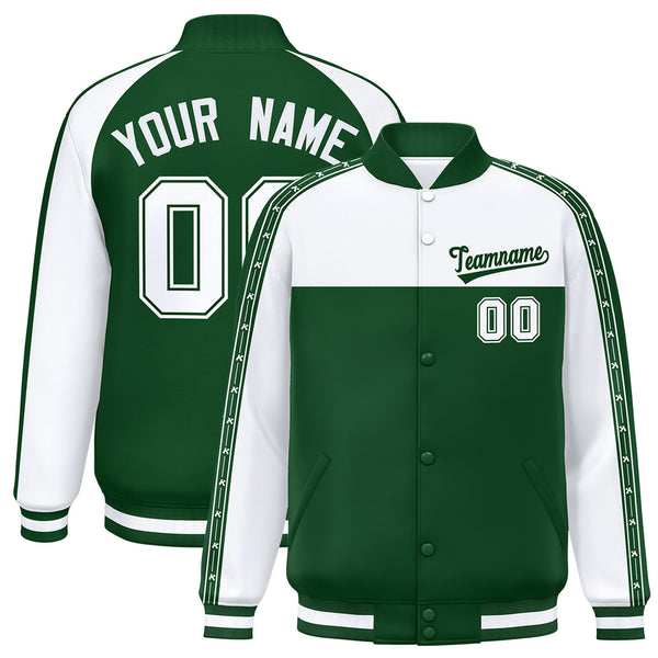 Custom White Green K-Ribbon Raglan Sleeves Varsity Full-Snap Color Block Letterman Jacket | BuyFootballJersey