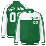 Custom White Kelly Green K-Ribbon Raglan Sleeves Varsity Full-Snap Color Block Letterman Jacket | BuyFootballJersey