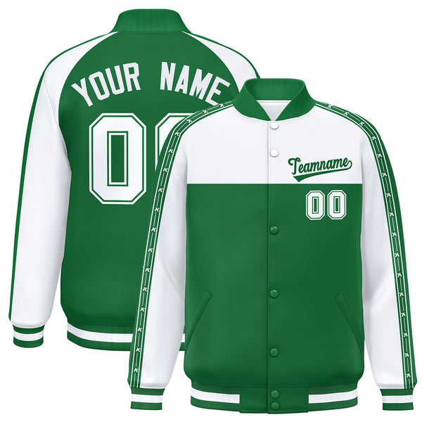 Custom White Kelly Green K-Ribbon Raglan Sleeves Varsity Full-Snap Color Block Letterman Jacket | BuyFootballJersey