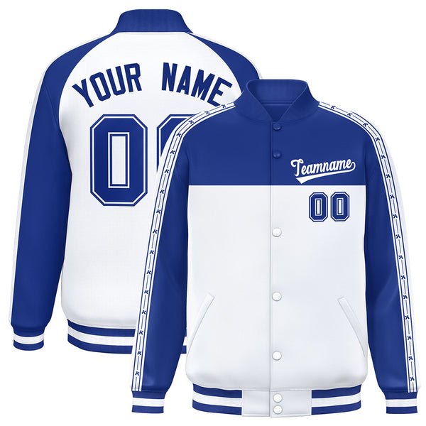 Custom Royal White K-Ribbon Raglan Sleeves Varsity Full-Snap Color Block Letterman Jacket | BuyFootballJersey