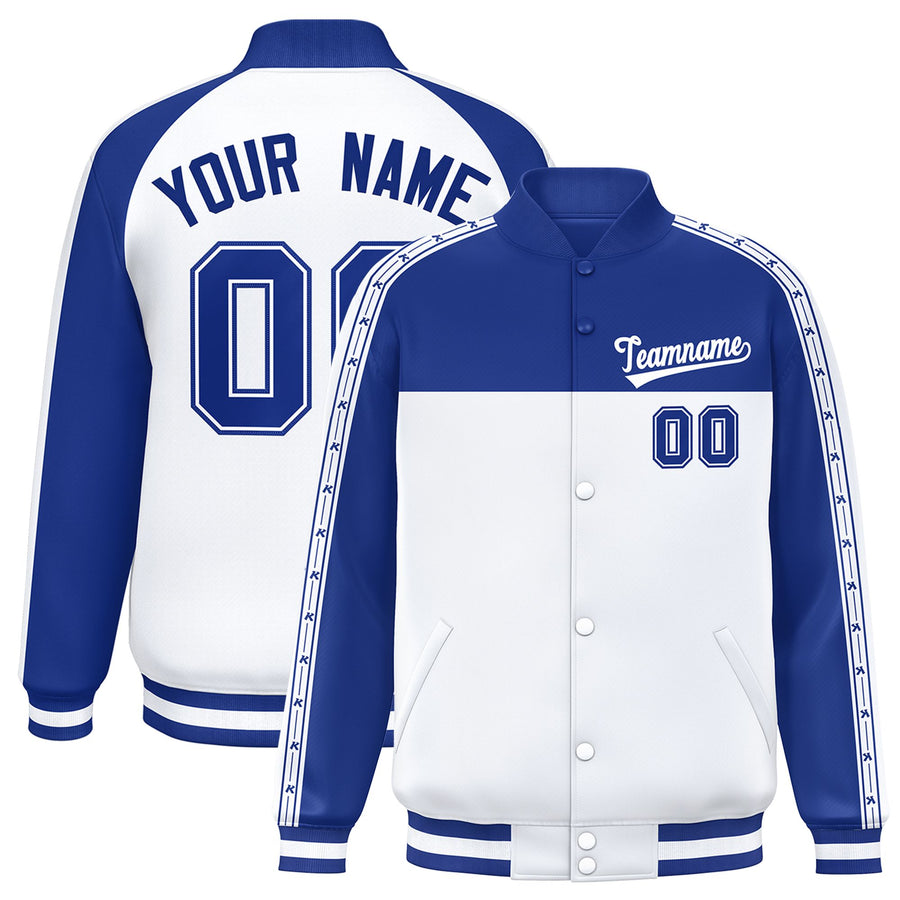 Custom Royal White K-Ribbon Raglan Sleeves Varsity Full-Snap Color Block Letterman Jacket | BuyFootballJersey
