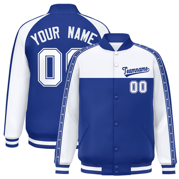 Custom White Royal K-Ribbon Raglan Sleeves Varsity Full-Snap Color Block Letterman Jacket | BuyFootballJersey