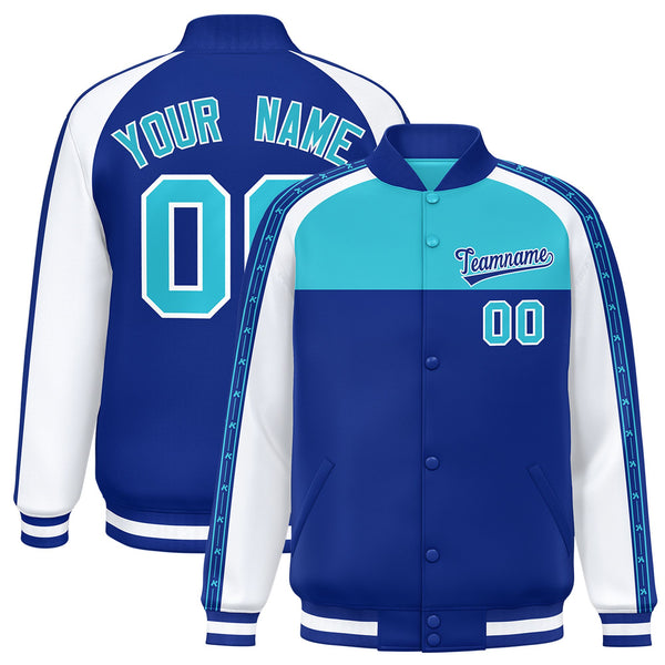 Custom Sky Blue Royal K-Ribbon Raglan Sleeves Varsity Full-Snap Color Block Letterman Jacket | BuyFootballJersey