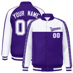Custom White Purple K-Ribbon Raglan Sleeves Varsity Full-Snap Color Block Letterman Jacket | BuyFootballJersey