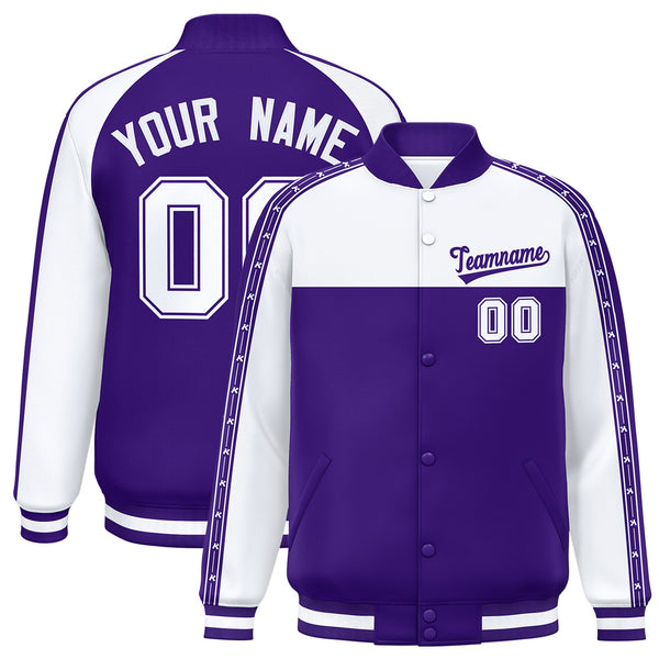 Custom White Purple K-Ribbon Raglan Sleeves Varsity Full-Snap Color Block Letterman Jacket | BuyFootballJersey