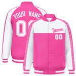 Custom White Pink K-Ribbon Raglan Sleeves Varsity Full-Snap Color Block Letterman Jacket | BuyFootballJersey