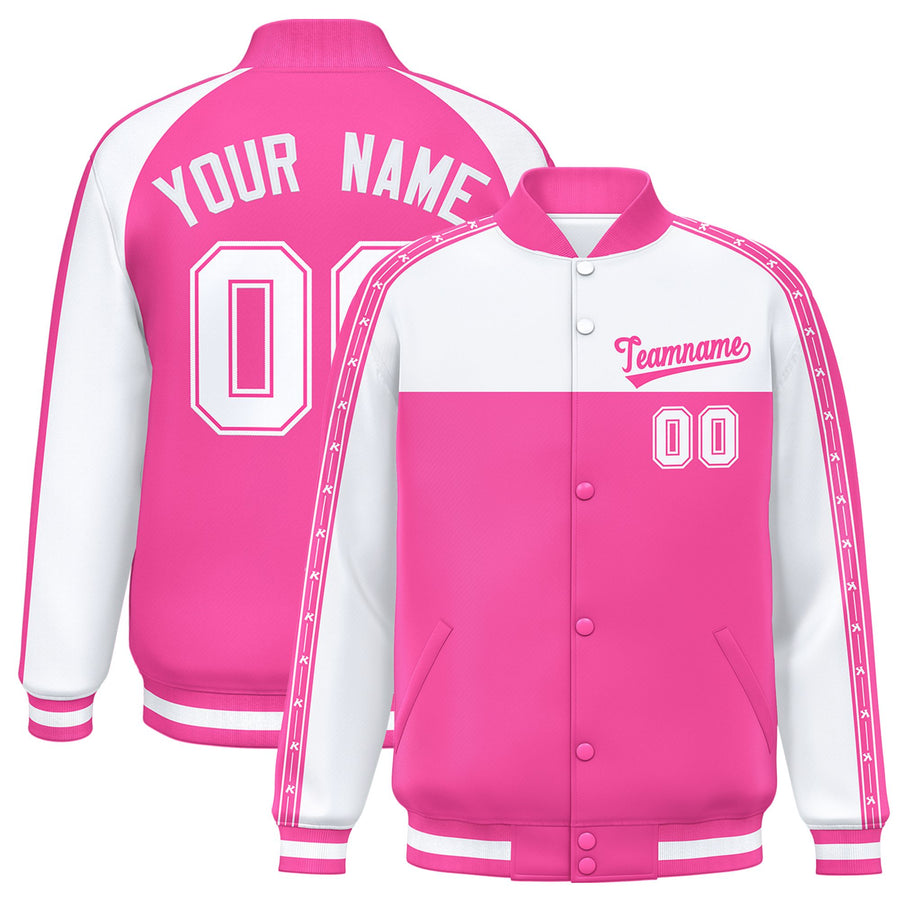 Custom White Pink K-Ribbon Raglan Sleeves Varsity Full-Snap Color Block Letterman Jacket | BuyFootballJersey
