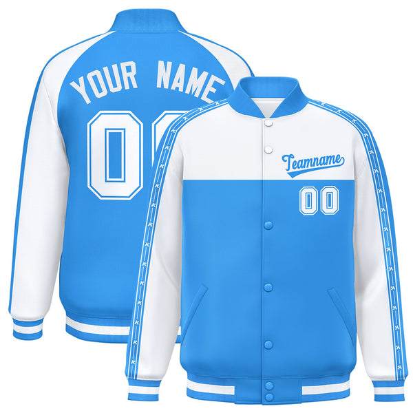 Custom White Powder Blue K-Ribbon Raglan Sleeves Varsity Full-Snap Color Block Letterman Jacket | BuyFootballJersey