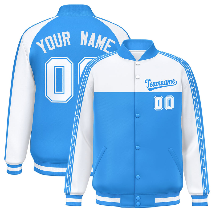 Custom White Powder Blue K-Ribbon Raglan Sleeves Varsity Full-Snap Color Block Letterman Jacket | BuyFootballJersey