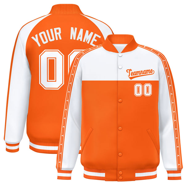 Custom White Orange K-Ribbon Raglan Sleeves Varsity Full-Snap Color Block Letterman Jacket | BuyFootballJersey
