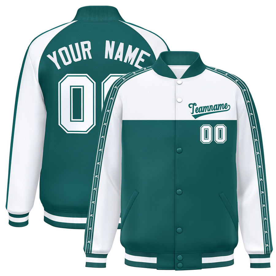 Custom White Aqua K-Ribbon Raglan Sleeves Varsity Full-Snap Color Block Letterman Jacket | BuyFootballJersey