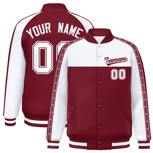 Custom White Crimson K-Ribbon Raglan Sleeves Varsity Full-Snap Color Block Letterman Jacket | BuyFootballJersey