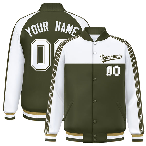 Custom White Olive K-Ribbon Raglan Sleeves Varsity Full-Snap Color Block Letterman Jacket | BuyFootballJersey