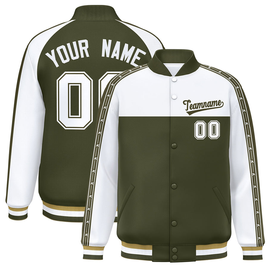 Custom White Olive K-Ribbon Raglan Sleeves Varsity Full-Snap Color Block Letterman Jacket | BuyFootballJersey