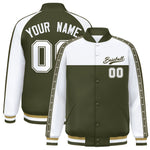 Custom White Olive K-Ribbon Raglan Sleeves Varsity Full-Snap Color Block Letterman Jacket | BuyFootballJersey