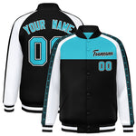 Custom Sky Blue Black K-Ribbon Raglan Sleeves Varsity Full-Snap Color Block Letterman Jacket | BuyFootballJersey