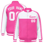 Custom White Pink K-Ribbon Raglan Sleeves Varsity Full-Snap Color Block Letterman Jacket | BuyFootballJersey