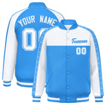Custom White Powder Blue K-Ribbon Raglan Sleeves Varsity Full-Snap Color Block Letterman Jacket | BuyFootballJersey