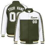Custom White Olive K-Ribbon Raglan Sleeves Varsity Full-Snap Color Block Letterman Jacket | BuyFootballJersey