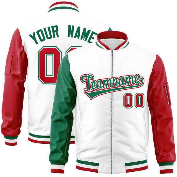 Custom White Red-Kelly Green Varsity Full-Zip Raglan Sleeves Letterman Bomber Jacket | BuyFootballJersey