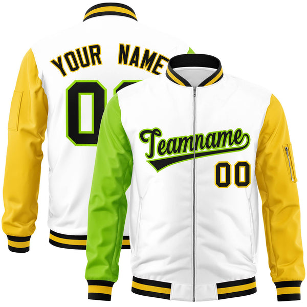Custom White Gold-Neon Green Varsity Full-Zip Raglan Sleeves Letterman Bomber Jacket | BuyFootballJersey