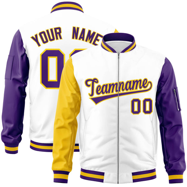 Custom White Purple-Gold Varsity Full-Zip Raglan Sleeves Letterman Bomber Jacket | BuyFootballJersey