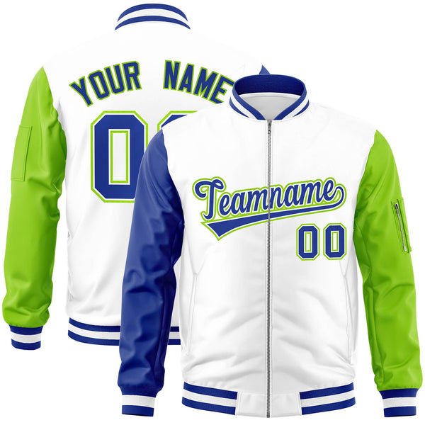 Custom White Neon Green-Royal Varsity Full-Zip Raglan Sleeves Letterman Bomber Jacket | BuyFootballJersey