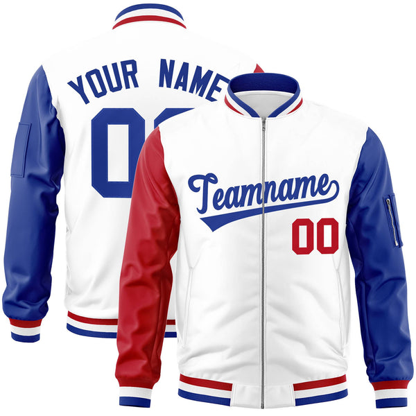 Custom White Royal-Red Varsity Full-Zip Raglan Sleeves Letterman Bomber Jacket | BuyFootballJersey