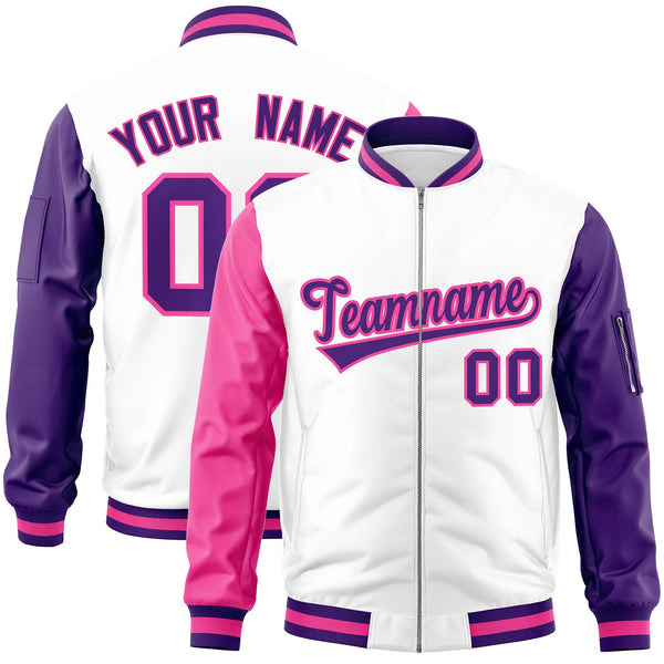 Custom White Purple-Pink Varsity Full-Zip Raglan Sleeves Letterman Bomber Jacket | BuyFootballJersey