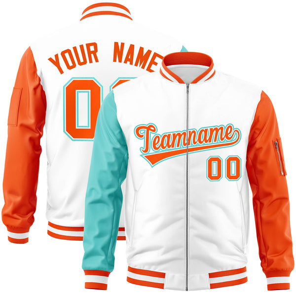 Custom White Orange-Bright Green Varsity Full-Zip Raglan Sleeves Letterman Bomber Jacket | BuyFootballJersey