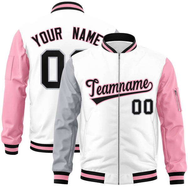 Custom White Light Pink-Gray Varsity Full-Zip Raglan Sleeves Letterman Bomber Jacket | BuyFootballJersey