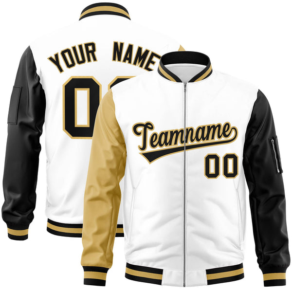 Custom White Black-Old Gold Varsity Full-Zip Raglan Sleeves Letterman Bomber Jacket | BuyFootballJersey