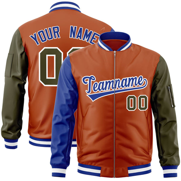 Custom Texas Orange Olive-Royal Varsity Full-Zip Raglan Sleeves Letterman Bomber Jacket | BuyFootballJersey