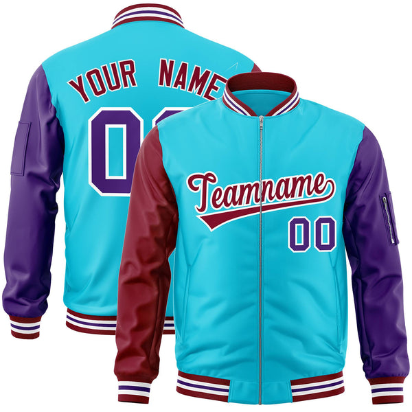 Custom Sky Blue Purple-Crimson Varsity Full-Zip Raglan Sleeves Letterman Bomber Jacket | BuyFootballJersey