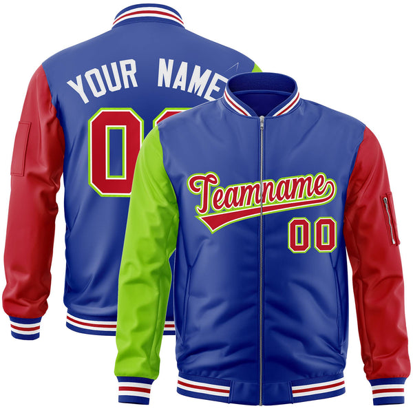 Custom Royal Red-Neon Green Varsity Full-Zip Raglan Sleeves Letterman Bomber Jacket | BuyFootballJersey