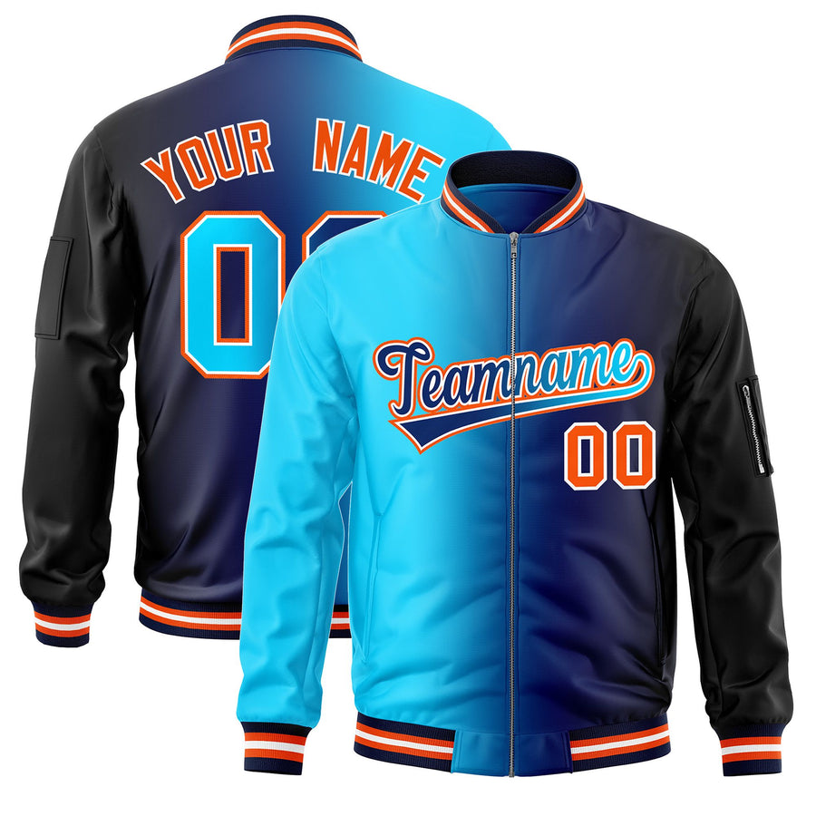 Custom Sky Blue Navy Full-Zip Gradient Fashion Letterman Bomber Jacket | BuyFootballJersey